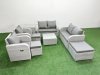 Fimous 9 Seater Outdoor Reclining Chair Love Sofa Set Rattan Garden Furniture Set with Square Coffee Table 3 Stools Side Table Light Grey