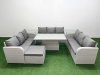 Fimous PE Rattan Lounge Sofa Set 10 Seater Outdoor Garden Furniture Set with Adjustable Lifting Dining or Coffee Table 3 Seater Sofa Big Footstool 2 Side Table Light Grey