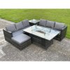 Fimous Outdoor PE Rattan Garden Corner Furniture Gas Fire Pit Table Sets Gas Heater Lounge Big Footstool Dark Grey 7 Seater