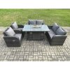 Fimous Rattan Outdoor Garden Furniture Sofa Set Gas Fire Pit Dining Table Gas Heater with Love Sofa Recling Chair 6 Seater Dark Grey Mixed