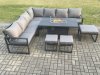 Fimous Aluminium Lounge Corner Sofa Outdoor Garden Furniture Sets Gas Fire Pit Dining Table Set with 3 Footstools Dark Grey
