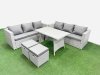 Fimous Rattan Garden Furniture Dining Set 8-seater Patio Rectangular Table 3 Seater Sofa Set with 2 Small Stools Light Grey