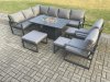 Fimous Aluminium 10 Pieces Garden Furniture Corner Sofa Set with Cushions Gas Fire Pit Dining Table Set with 2 Chairs 3 Footstools Dark Grey