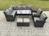 Fimous Rattan Garden Furniture Corner Sofa Set with Oblong Dining Table 2 Small Footstools 2 Armchairs Outdoor Wicker Rattan Set Dark Grey Mixed