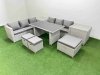Fimous Rattan Garden Furniture Dining Set 9-seater Patio Rectangular Table Sofa Set with 2 Side Tables 3 Stools Light Grey