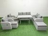 Fimous PE Rattan Garden Furniture Set Reclining Chair Sofa Double Love Seat 2 Seater Sofa Lounge Set Rectangular Dining Table 3 Stools Light Grey