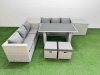 Fimous Rattan Garden Furniture Dining Set 8-seater Patio Rectangular Table Sofa Set with 2 Side Tables 2 Small Stools Light Grey