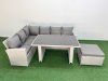 Fimous 7 Seater Wicker Rattan Corner Sofa Sets Outdoor Garden Furniture Sets with Rectangular Dining Table Lounge Sofa Big Footstool Light Grey