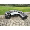 Fimous 7 Seater Rattan Garden Furniture Set Oblong Rectangular Dining Table and Chairs Set with 3 Seater Sofa 2 Side Tables Dark Grey Mixed