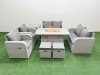 Fimous 8 Seater Outdoor Reclining Chair Love Sofa Set Rattan Garden Furniture Set with Firepit Dining Table 2 Stools Side Table Light Grey