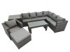 Fimous Outdoor Rattan Oblong Coffee Table Corner Sofa Sets Garden Furniture Set with Chair Big Stool Side Table Dark Grey Mixed