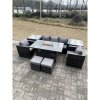Fimous Outdoor PE Rattan Garden Furniture Gas Fire Pit Dining Table Armchairs With 2 Side Coffee Table Stools Dark Grey Mixed