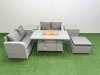 Fimous 5 Seater Outdoor Love Sofa Set Rattan Garden Furniture Set with Firepit Dining Table Big Footstool 2 Side Tables Light Grey
