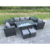 Fimous Outdoor Garden Furniture Set Patio Rattan Rectangular Dining Table Lounge Sofa Chair with 2 Side Table 2 Small Stools Dark Grey Mixed