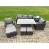 Fimous Outdoor Rattan Furniture Sofa Garden Dining Sets Height Adjustable Rising lifting Table and Chair Set With Side Table 3 Footstools