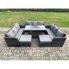 Fimous Outdoor Rattan Furniture Garden Dining Set Gas Fire Pit Table With Side Table Lounge Sofa 2 Big Footstool