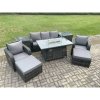 Fimous Wicker Rattan Garden Furniture Sofa Set Gas Fire Pit Dining Table Indoor Outdoor with 2 Side Table Chair 2 Big Footstool