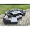 Fimous PE Wicker Outdoor Rattan Garden Furniture Set Propane Gas Fire Pit Table and Sofa Chair set with 3 Footstools 2 Side Tables