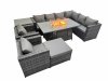 Fimous Garden Rattan Furniture Set 9 Seater Outdoor Corner Sofa 2 Chair Gas Firepit Dining Table Set with Big Stool Side Table Dark Grey