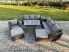 Fimous Wicker 7 Pieces Rattan Garden Furniture Sofa Set with Rectangular Dining Table Armchair 2 Big Footstool Side Table Dark Grey Mixed