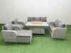 Fimous PE Rattan Garden Furniture Set Reclining Chair Sofa Double Love Seat 2 Seater Sofa Lounge Set Firepit Dining Table Big Footstool Light Grey