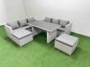Fimous Rattan Garden Furniture Dining Set 8-seater Patio Rectangular Table Sofa Set with 2 Big Stools Light Grey