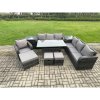 Fimous 10 Seater Outdoor Rattan Garden Furniture Set Oblong Rectangular Dining Table and Chairs Set with 3 Seater Sofa 3PC Footstools 2 Side Tables Dark Grey Mixed
