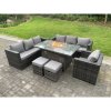 Fimous Rattan Garden Furniture Sofa Set Outdoor Patio Gas Fire Pit Dining Table Gas Heater Burner With Armchair 2 Small Stools 9 Seater Dark Grey Mixed