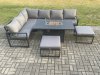 Fimous Aluminium Patio Outdoor Garden Furniture Corner Sofa Set Gas Fire Pit Dining Table with 2 Big Footstools Dark Grey