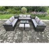 Fimous Outdoor Lounge Sofa Set Wicker PE Rattan Garden Furniture Set with Oblong Coffee Table Side Table 2 Small Footstools Dark Grey Mixed