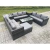Fimous Outdoor Rattan Garden Furniture Lounge Sofa Set With Oblong Rectagular Coffee Table Big Footstool and 2 Small Stools Side Table