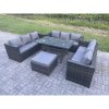 Fimous Outdoor Wicker Garden Furniture Rattan Lounge Sofa Set Patio Rectangular Dining Table with Big Footstool 10 Seater Dark Grey Mixed
