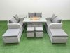 Fimous PE Rattan Lounge Sofa Set 10 Seater Outdoor Garden Furniture Set with Gas Firepit Table Love Sofa 2 Big Footstools Side Table Light Grey
