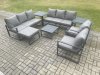 Fimous Aluminium Patio Outdoor Garden Furniture Lounge Sofa Set with Square Coffee Table 2 Chairs Big Footstool 2 Side Tables Dark Grey