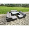 Fimous Patio Rattan Garden Furniture Set with Oblong Rectangular Dining Table 11 Seater Outdoor Lounge Sofa Set Dark Grey Mixed