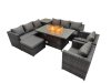 Fimous 9 Seater Garden Outdoor Rattan Furniture Set Patio Corner Sofa Gas Firepit Dining Table with Side Table Big Stool Dark Grey