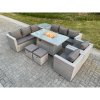 Fimous Light Grey Rattan Fire Pit Garden Furniture Set Gas Heater Burner Lounge Sofa Dining Set Coffee Table Chairs Stool