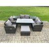 Fimous Wicker PE Rattan Furniture Garden Dining Set Outdoor Height Adjustable Rising lifting Table Love Sofa Chair With 2 Side Tables Stools
