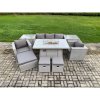 Fimous Outdoor Garden Dining Sets Rattan Furniture Gas Fire Pit Dining Table With 2 Armchairs 2 Side Tables 3 Footstools Light Grey