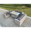 Fimous Light Grey U Shape Lounge Sofa Dining Set With Gas Fire Pit Dining Table Garden Furniture Set Heater Burner