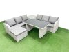 Fimous 7 Seater Rattan Outdoor Dining Table 3 Seater Sofa Set with Side Table Big Stool Light Grey