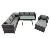 Fimous Outdoor Corner Sofa Chair Dining Table Set Garden Rattan Furniture Set 8 Seater with Side Table Big Stool Dark Grey