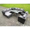 Fimous 9 Seater Wicker Rattan Outdoor Furniture Lounge Sofa Garden Dining Set with Dining Table 2 Armchairs Side Tables Big Footstool Dark Grey Mixed