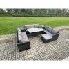 Fimous Patio Rattan Garden Furniture Set with Oblong Rectangular Dining Table Big Footstool 2 Side Tables 10 Seater Outdoor Lounge Sofa Set Dark Grey Mixed