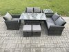 Fimous Wicker Rattan Garden Dining Set Outdoor Furniture Sofa with Dining Table Double Seat Sofa Side Table 2 Small Footstools Dark Grey Mixed