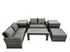 Fimous Outdoor Love Sofa Set 5 Seat Rattan Garden Furniture Set with Oblong Coffee Table Big Footstool 2 Side Table Dark Grey Mixed