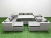 Fimous 8 PCs Rising Dining Table Set Rattan Furniture Set with 3 Seater Sofa Chair 2 Big Footstools Side Table Light Grey