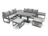 Fimous 8 Seater Aluminium Outdoor Garden Furniture Set with Adjustable Rising Lifting Dining Table 3 Seater Sofa 2 Big Footstool 2 Side Tables Dark Grey