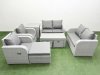 Fimous 9 Seater Outdoor Reclining Chair Love Sofa Set Rattan Garden Furniture Set with Oblong Coffee Table 3 Stools Side Table Light Grey