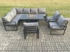 Fimous Aluminium Outdoor Garden Furniture Corner Sofa Gas Fire Pit Dining Table Sets Gas Heater Burner with 3 Chairs Dark Grey 9 Seater